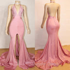 Elegant Pink Prom Gown Backless Lace Prom Gowns With Slit