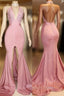 Elegant Pink Prom Party Gowns| Backless Lace Evening Gown With Slit