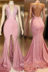 Elegant Pink Prom Party Gowns| Backless Lace Evening Gown With Slit
