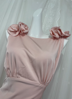 Elegant Pink Sleeveless 3D Floral Crew Neck Satin Long Prom Dresses Evening Dresses
