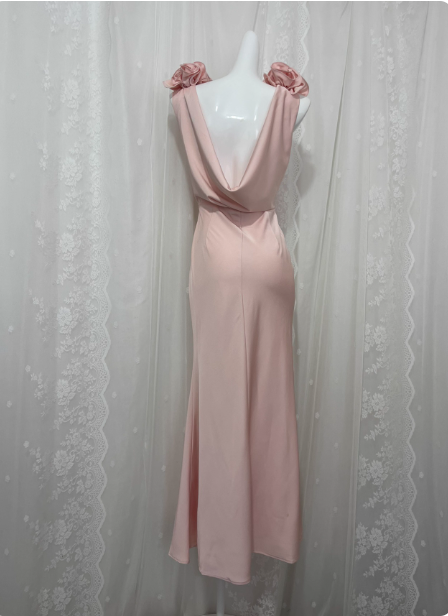 Elegant Pink Sleeveless 3D Floral Crew Neck Satin Long Prom Dresses Evening Dresses
