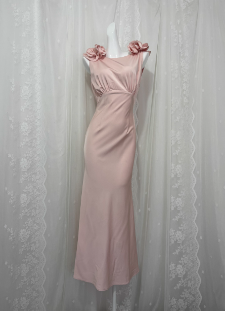 Elegant Pink Sleeveless 3D Floral Crew Neck Satin Long Prom Dresses Evening Dresses