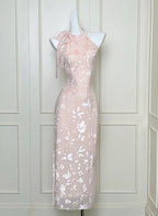 Elegant Pink Slim Halter Neck Jacquard Slit Long Prom Dresses Evening Dresses
