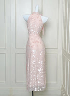 Elegant Pink Slim Halter Neck Jacquard Slit Long Prom Dresses Evening Dresses
