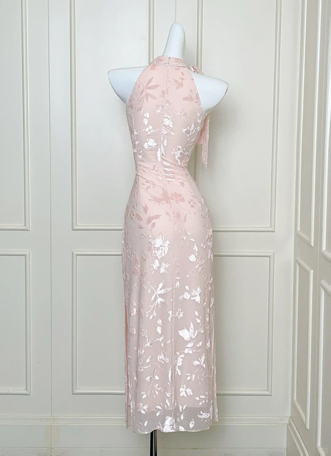 Elegant Pink Slim Halter Neck Jacquard Slit Long Prom Dresses Evening Dresses