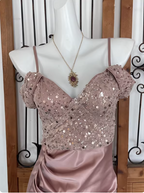 Elegant Pink Spaghetti Strap V-Neck Off-The-Shoulder Slit Sequin Satin Long Prom Dresses Evening Dresses