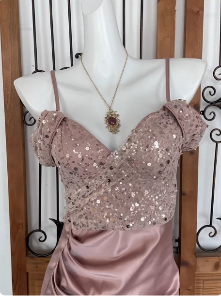 Elegant Pink Spaghetti Strap V-Neck Off-The-Shoulder Slit Sequin Satin Long Prom Dresses Evening Dresses