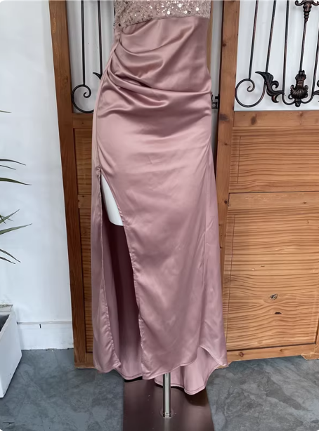 Elegant Pink Spaghetti Strap V-Neck Off-The-Shoulder Slit Sequin Satin Long Prom Dresses Evening Dresses