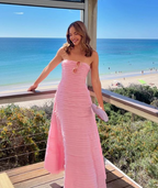 Elegant Pink Strapless A-Line Long Prom Dresses