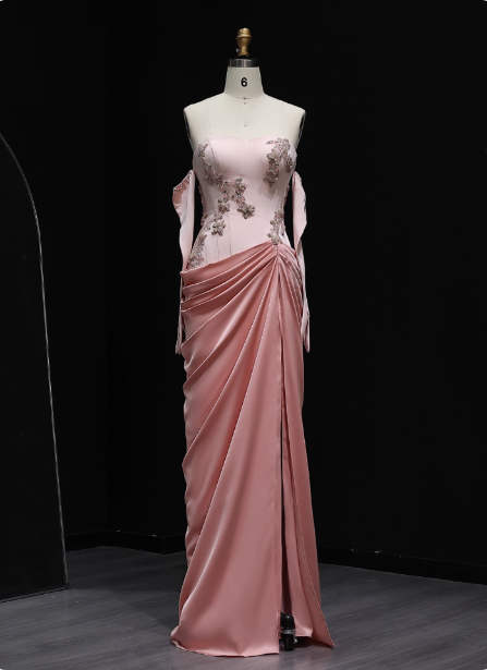 Elegant Pink Strapless Embroidered Floral Satin Slit Long Prom Dresses Evening Dresses