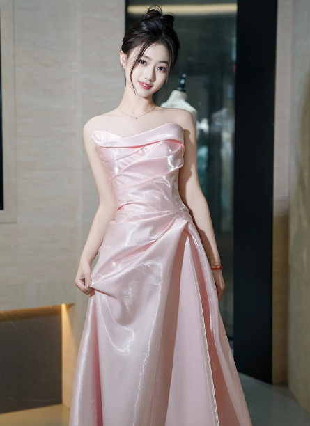 Elegant Pink Strapless Ruffled Satin Long Prom Dresses Evening Dresses Bridesmaid Dresses Secondary image