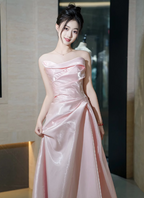 Elegant Pink Strapless Ruffled Satin Long Prom Dresses Evening Dresses Bridesmaid Dresses