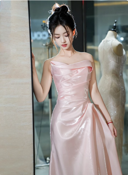 Elegant Pink Strapless Ruffled Satin Long Prom Dresses Evening Dresses Bridesmaid Dresses