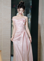 Elegant Pink Strapless Ruffled Satin Long Prom Dresses Evening Dresses Bridesmaid Dresses
