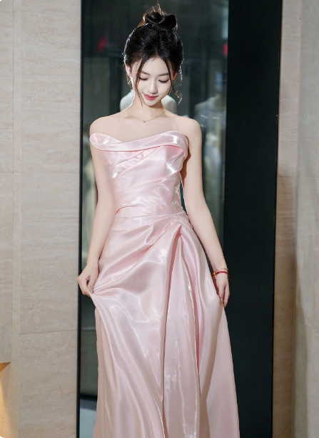 Elegant Pink Strapless Ruffled Satin Long Prom Dresses Evening Dresses Bridesmaid Dresses