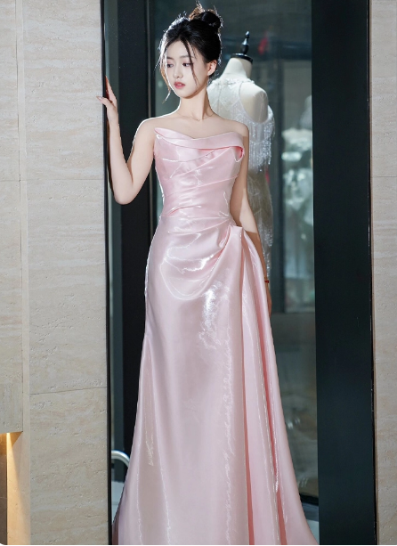 Elegant Pink Strapless Ruffled Satin Long Prom Dresses Evening Dresses Bridesmaid Dresses