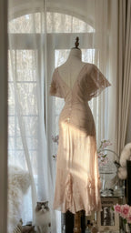 Elegant Pink V-neck Short-sleeved Chiffon Flowing Prom Dress