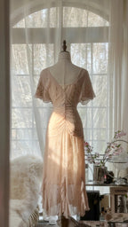 Elegant Pink V-neck Short-sleeved Chiffon Flowing Prom Dress