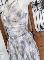 Elegant Printed Spaghetti Strap V-Neck Ruffled Layered Tulle Prom Dresses