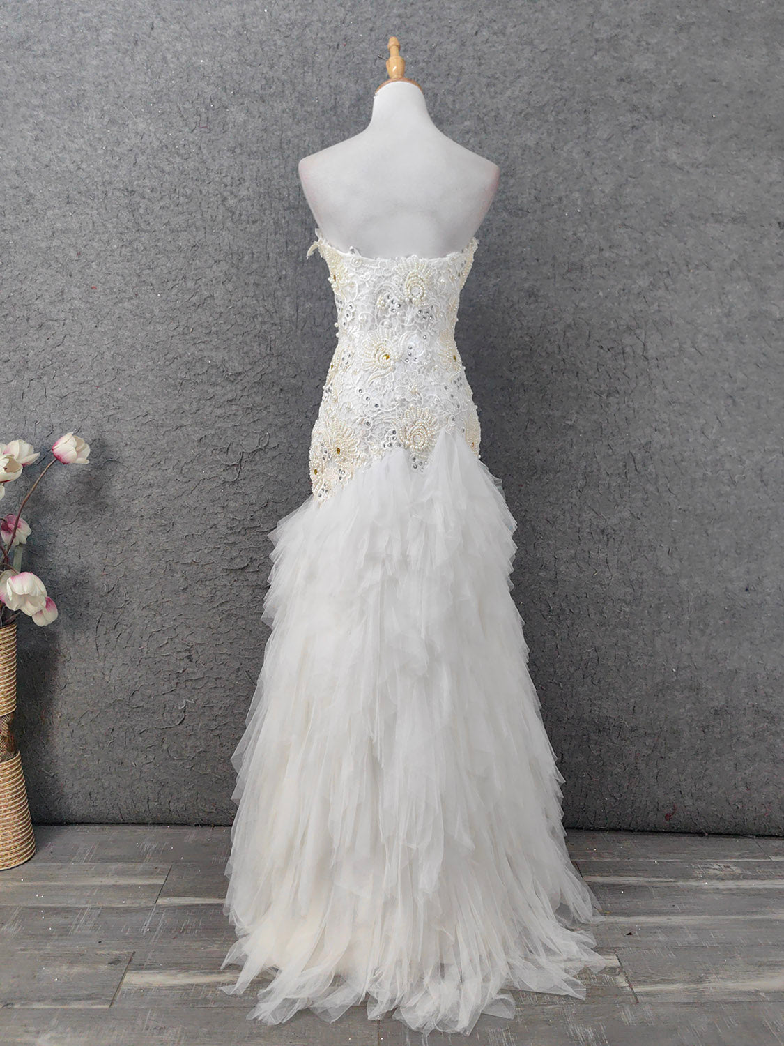 Elegant Pure White Sweetheart Neck Pearl Lace Tulle Long Prom Dresses Evening Dresses