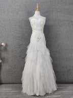 Elegant Pure White Sweetheart Neck Pearl Lace Tulle Long Prom Dresses Evening Dresses