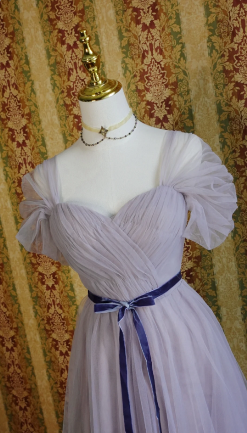 Elegant Purple A-Line Puff Sleeve Tulle Long Prom Dresses Evening Dresses Bridesmaid Dresses