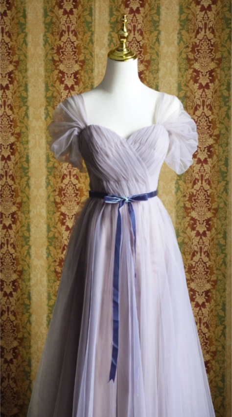 Elegant Purple A-Line Puff Sleeve Tulle Long Prom Dresses Evening Dresses Bridesmaid Dresses