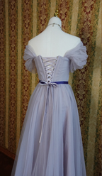 Elegant Purple A-Line Puff Sleeve Tulle Long Prom Dresses Evening Dresses Bridesmaid Dresses