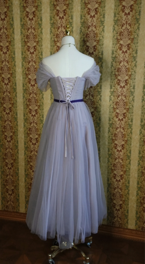 Elegant Purple A-Line Puff Sleeve Tulle Long Prom Dresses Evening Dresses Bridesmaid Dresses