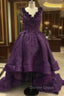 Elegant Purple Deep V Neck Appliqued Floral Short Front Long Back High Low Prom Dresses