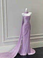 Elegant Purple Fitted Strapless Pleated Satin Long Prom Dresses Evening Dresses