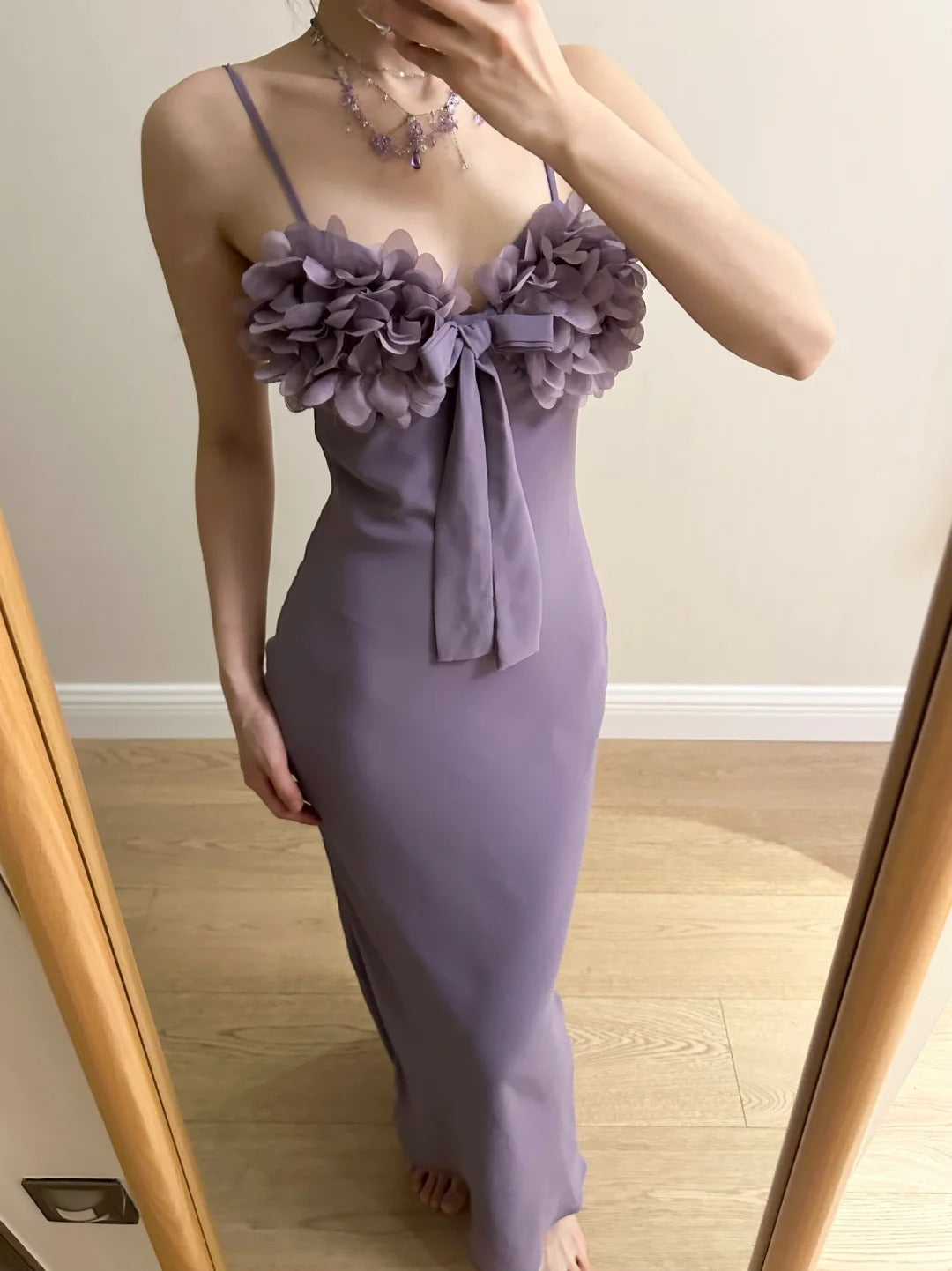 Elegant Purple Mermaid 3D Flower Bow Thin Strap Satin Long Prom Dresses Evening Dresses Bridesmaid Dresses