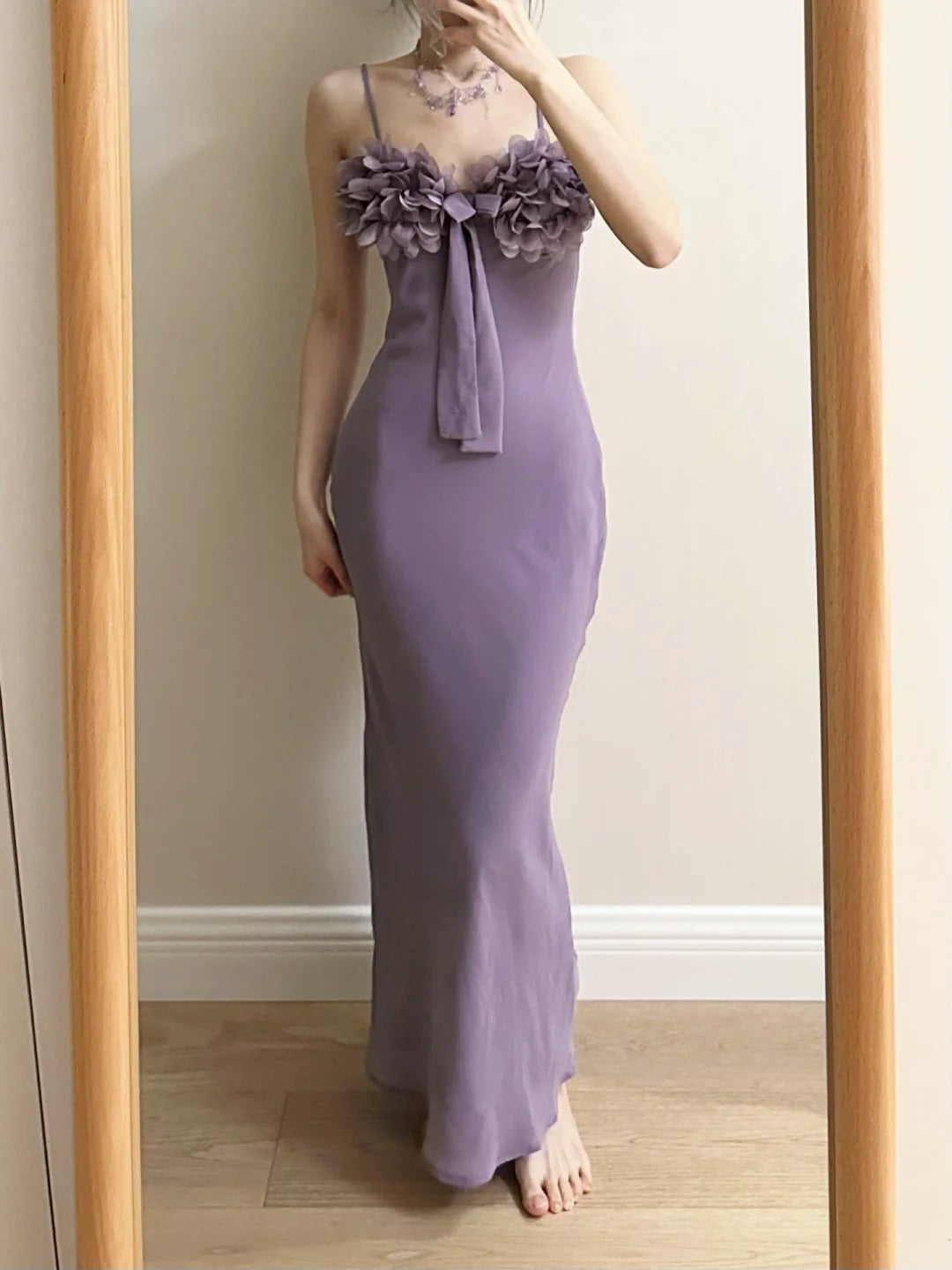 Elegant Purple Mermaid 3D Flower Bow Thin Strap Satin Long Prom Dresses Evening Dresses Bridesmaid Dresses Main image