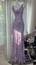 Elegant Purple Mermaid Printed Boat Neck Chiffon Long Prom Dresses Evening Dresses