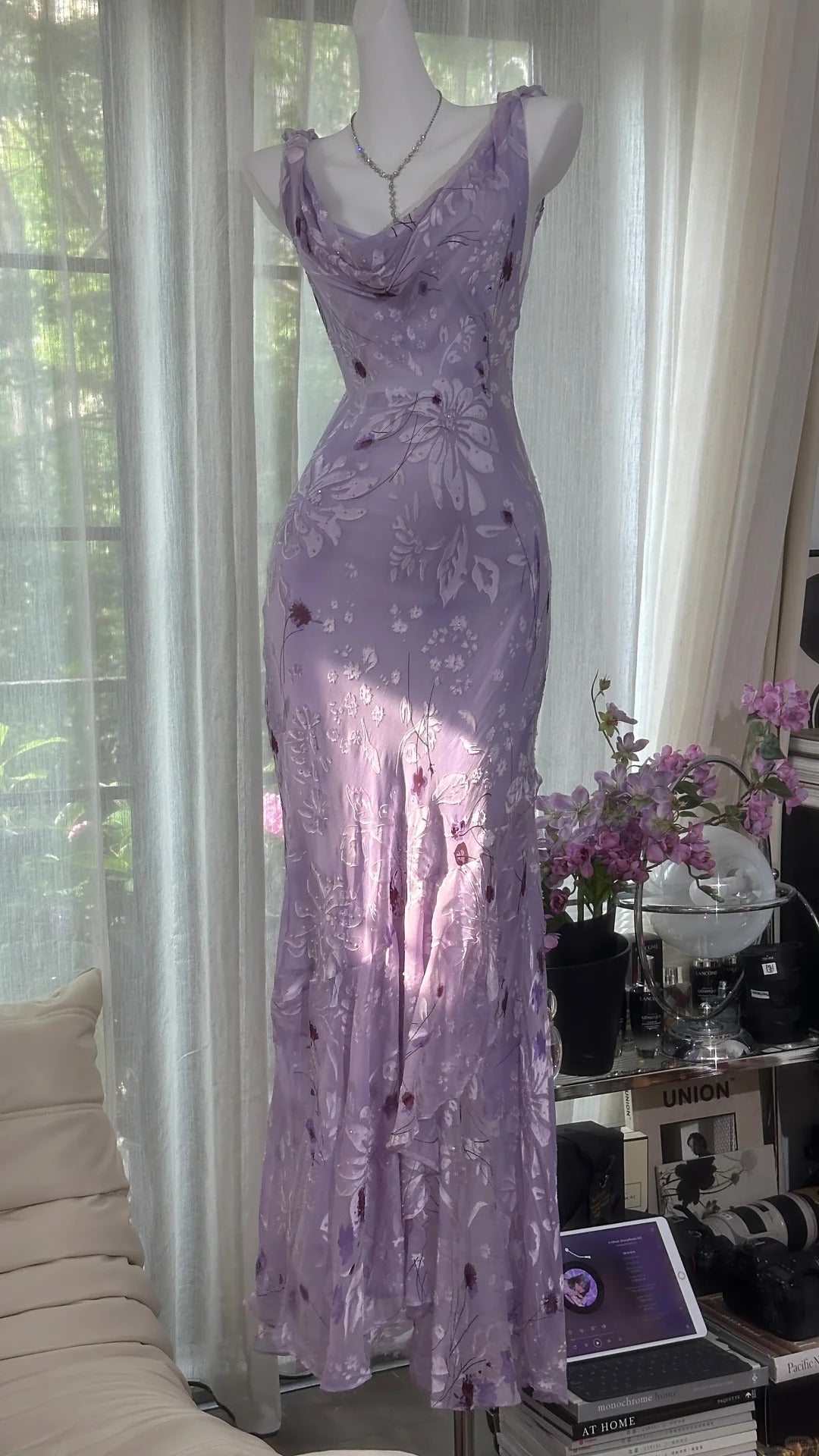 Elegant Purple Mermaid Printed Boat Neck Chiffon Long Prom Dresses Evening Dresses