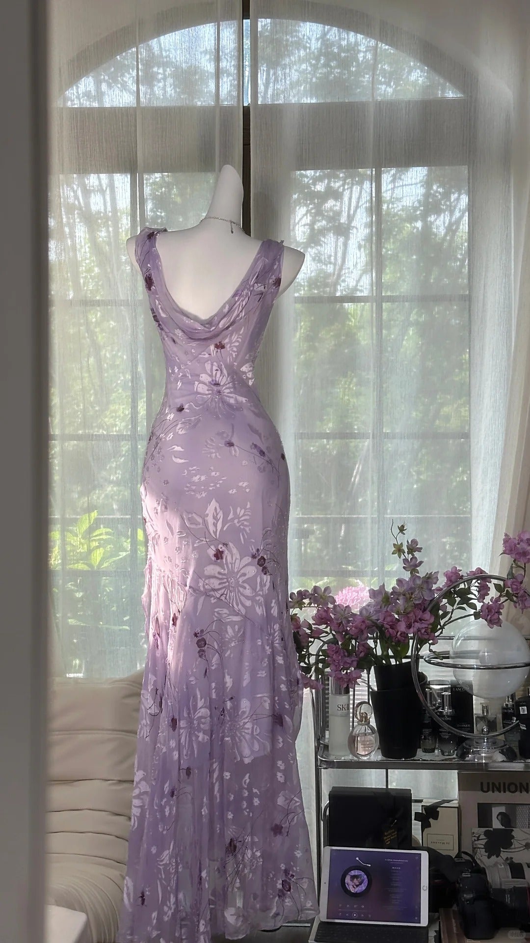 Elegant Purple Mermaid Printed Boat Neck Chiffon Long Prom Dresses Evening Dresses