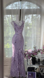 Elegant Purple Mermaid Printed Boat Neck Chiffon Long Prom Dresses Evening Dresses