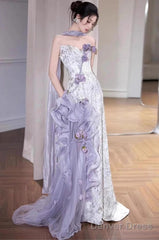 Elegant Purple Mermaid Strapless Satin Tulle Long Prom Dress Applique Evening Gown