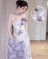 Elegant Purple Mermaid Strapless Satin Tulle Long Prom Dress Applique Evening Gown