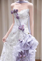 Elegant Purple Mermaid Strapless Satin Tulle Long Prom Dress Applique Evening Gown