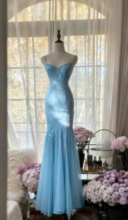 Sparkly Spaghetti Straps Purple Mermaid Wedding Guest Dress Beaded Tulle Chiffon Long Prom Dresses