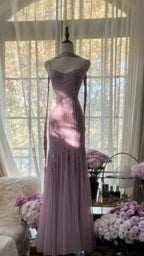 Sparkly Spaghetti Straps Purple Mermaid Wedding Guest Dress Beaded Tulle Chiffon Long Prom Dresses