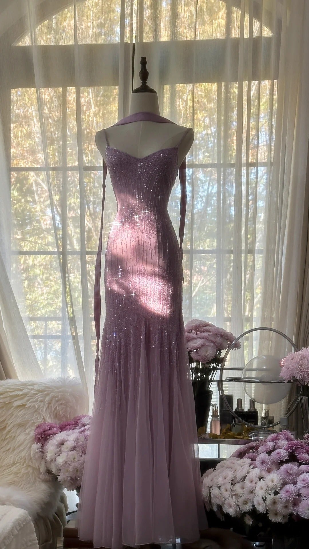 Sparkly Spaghetti Straps Purple Mermaid Wedding Guest Dress Beaded Tulle Chiffon Long Prom Dresses