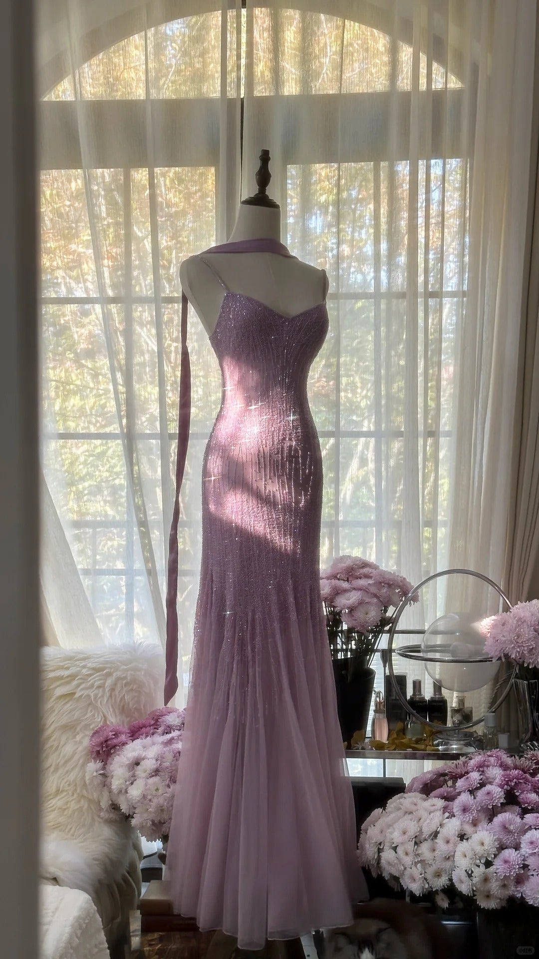 Sparkly Spaghetti Straps Purple Mermaid Wedding Guest Dress Beaded Tulle Chiffon Long Prom Dresses