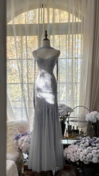 Sparkly Spaghetti Straps Purple Mermaid Wedding Guest Dress Beaded Tulle Chiffon Long Prom Dresses