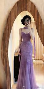 Sparkly Spaghetti Straps Purple Mermaid Wedding Guest Dress Beaded Tulle Chiffon Long Prom Dresses