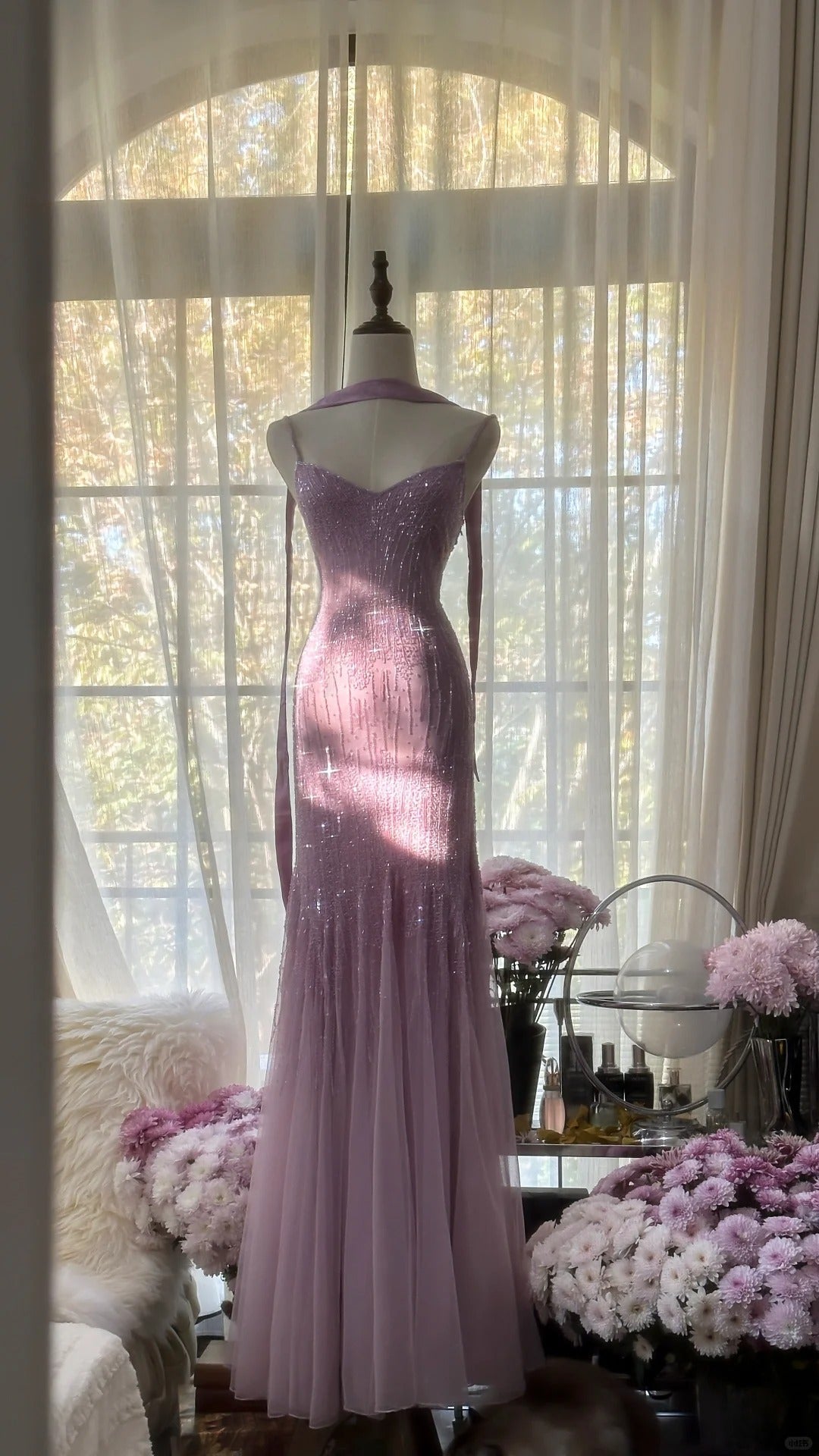 Sparkly Spaghetti Straps Purple Mermaid Wedding Guest Dress Beaded Tulle Chiffon Long Prom Dresses Main image