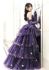 فستان الحفلة الراقصة الأنيق ذو النجوم الأرجوانية على شكل حرف A Love النجمة الأرجوانية الأنيقة لوليتا