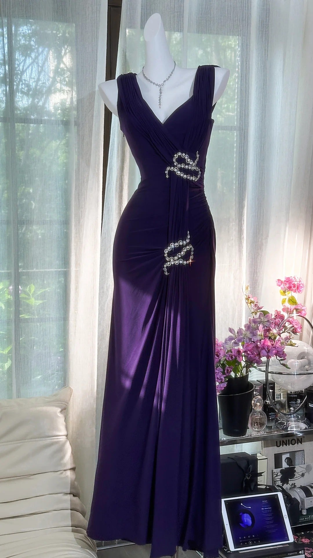 Elegant Purple Strapless Chiffon Long Prom Dresses Secondary image