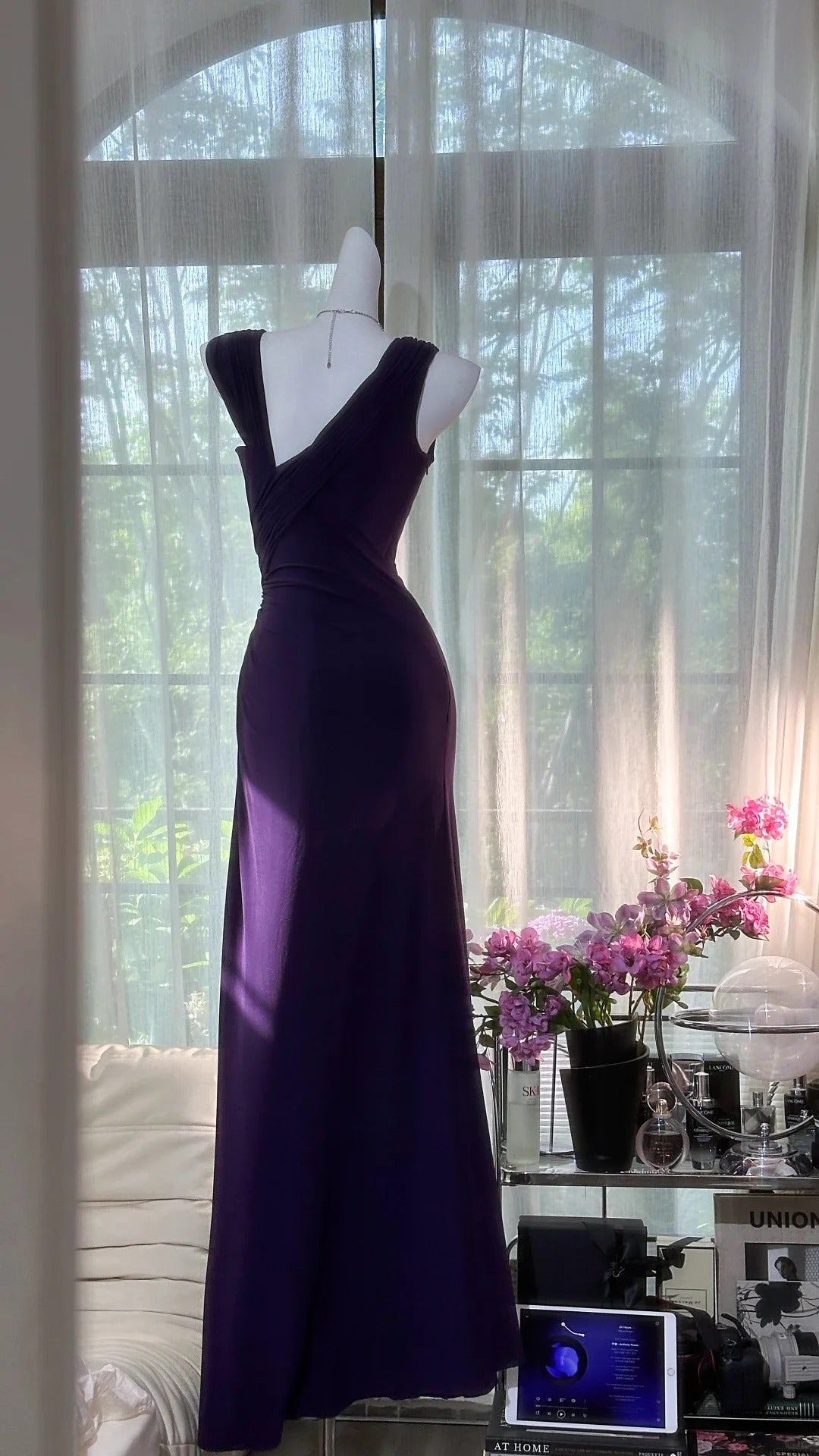 Elegant Purple Strapless Chiffon Long Prom Dresses